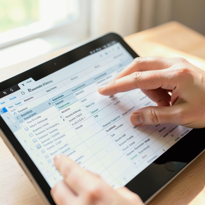 Hands organizing wedding budget and guest lists in an Excel spreadsheet on a tablet for wedding planning.