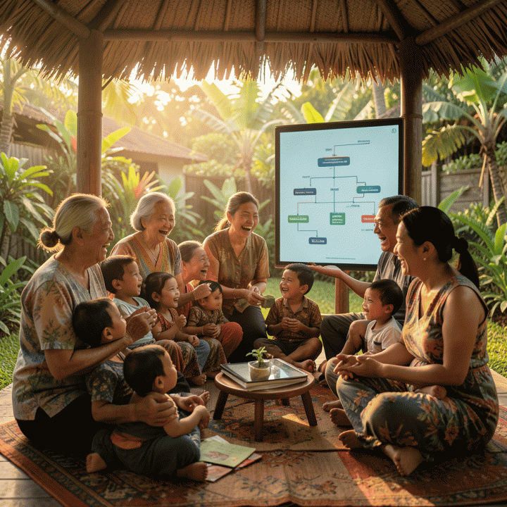 Foto sinematik hangat sebuah keluarga besar Indonesia dari berbagai generasi yang berkumpul dan tertawa bahagia di luar ruangan, dengan diagram silsilah digital samar terlihat sebagai bagian dari perayaan mereka.