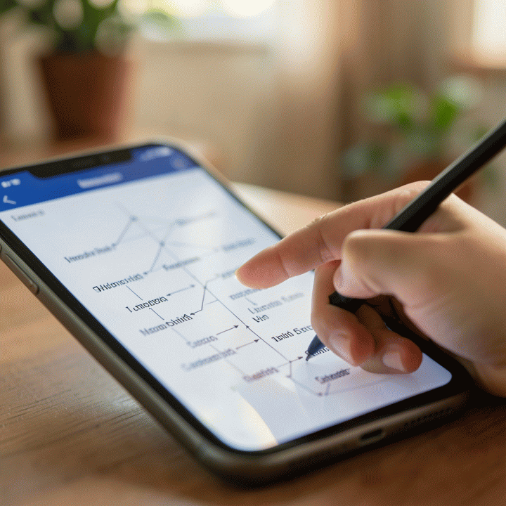 Tangan yang berinteraksi dengan diagram silsilah keluarga historis di layar digital, menggambarkan proyek riset dan warisan keturunan.