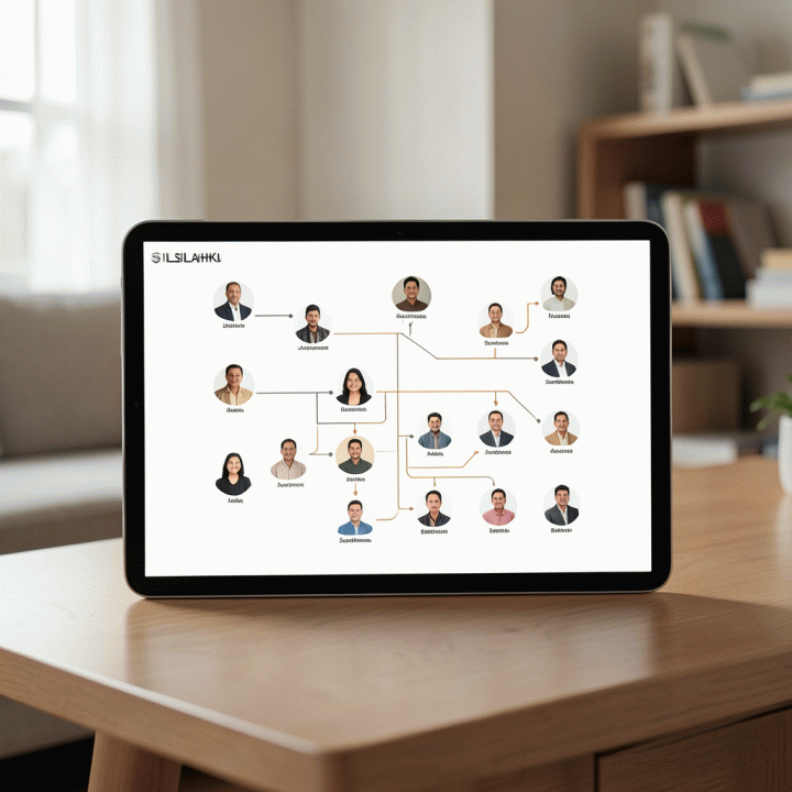 Tampilan digital antarmuka aplikasi silsilah keluarga modern yang elegan di tablet, menunjukkan cabang dan hubungan antar generasi dengan visualisasi struktural yang rapi.