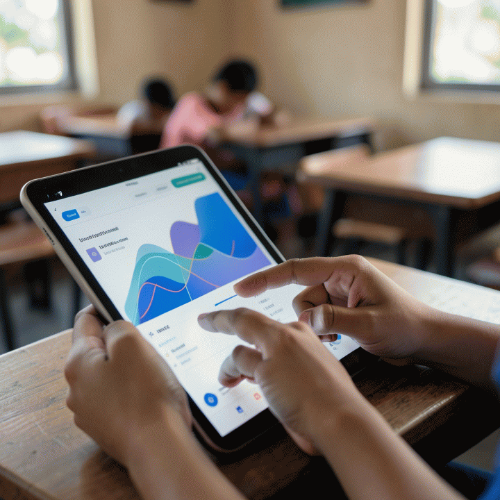 Tangan seorang guru yang berinteraksi dengan tablet atau laptop untuk mengelola materi pembelajaran secara digital.