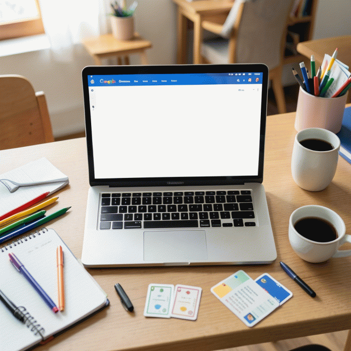 Foto flat lay sinematik seorang guru di Indonesia dengan laptop yang menampilkan antarmuka pembelajaran digital (Google Classroom), dikelilingi alat-alat belajar modern dan estetik.