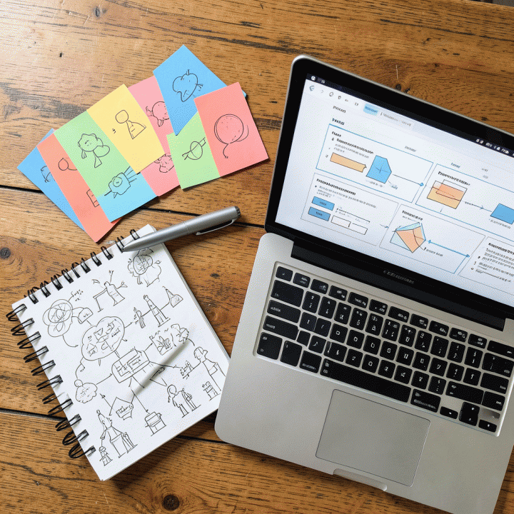Flat lay bahan ajar fisik dan digital: buku catatan, kartu konsep, pena digital, dan laptop yang menampilkan rencana pembelajaran terstruktur.