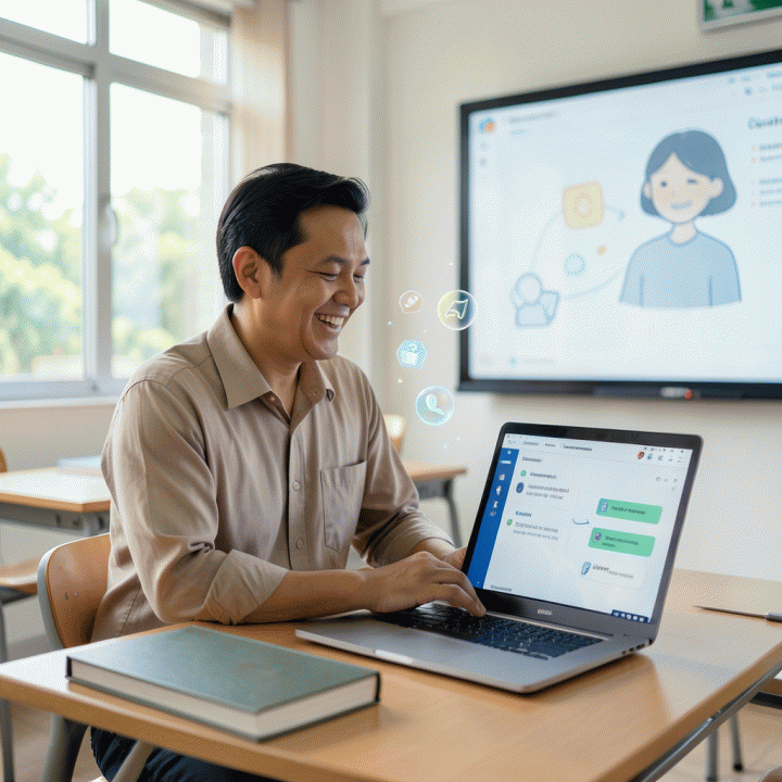 Guru profesional Indonesia menggunakan laptop di kelas modern, menunjukkan antarmuka digital untuk perencanaan pembelajaran yang efisien dan interaktif.