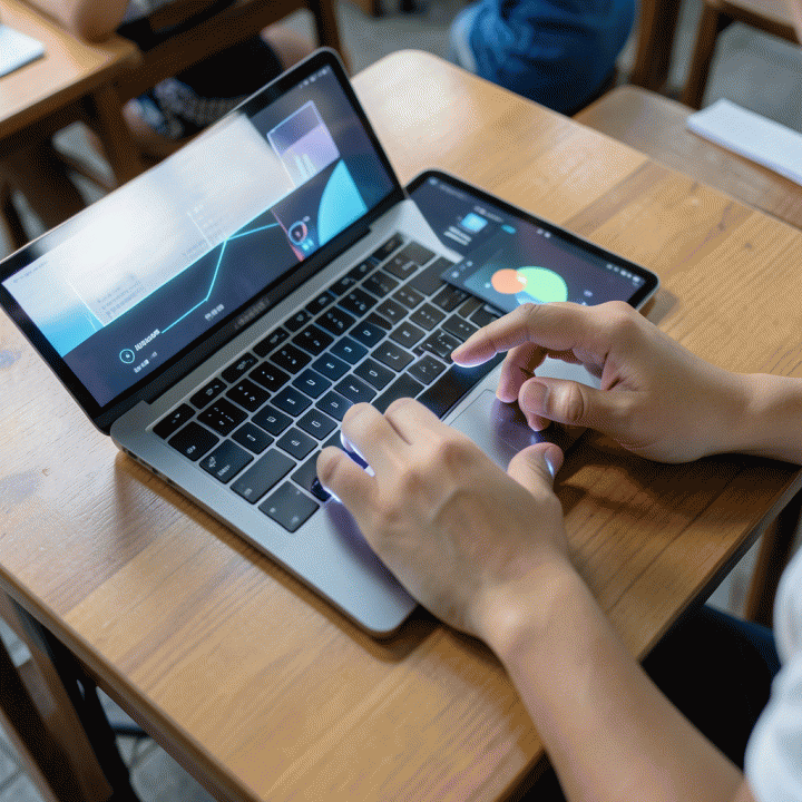 Tangan guru berinteraksi dengan laptop di atas meja, menunjukkan proses perencanaan materi ajar digital yang efisien.