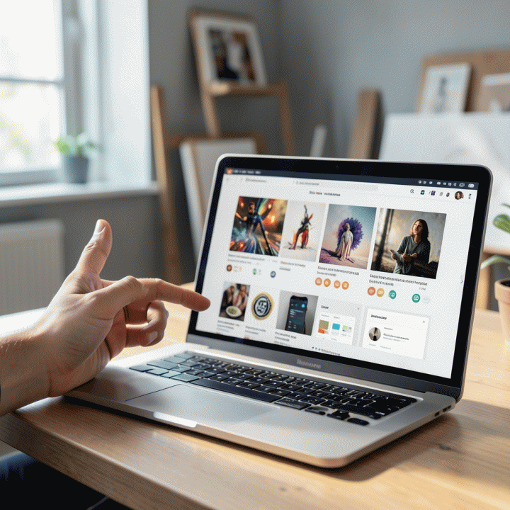 Seorang profesional muda sedang memamerkan portofolio digital mereka yang berisi berbagai jenis karya seni dan desain proyek di layar laptop.