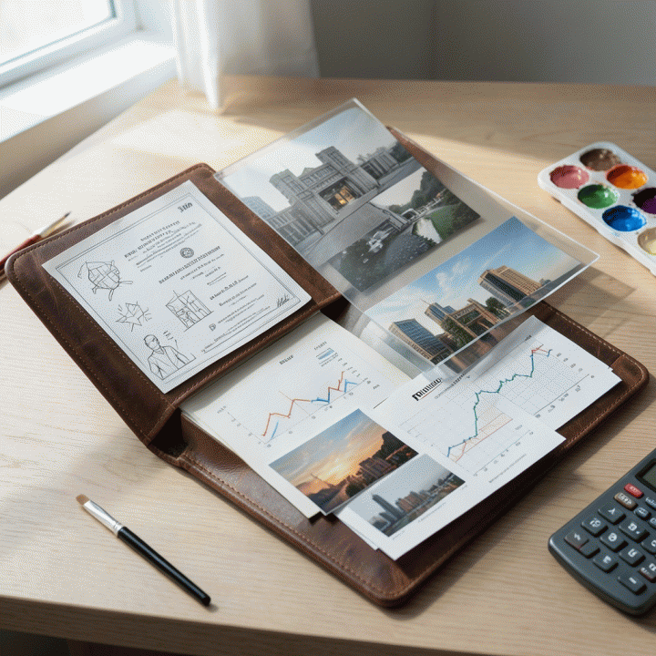 Kolase photorealistic yang menampilkan perpaduan antara karya seni (sketsa, model arsitektur), bukti profesional (sertifikat, portofolio cetak), dan visualisasi data keuangan (grafik saham di atas kertas) di atas meja kayu elegan, melambangkan konsep portofolio lintas bidang.