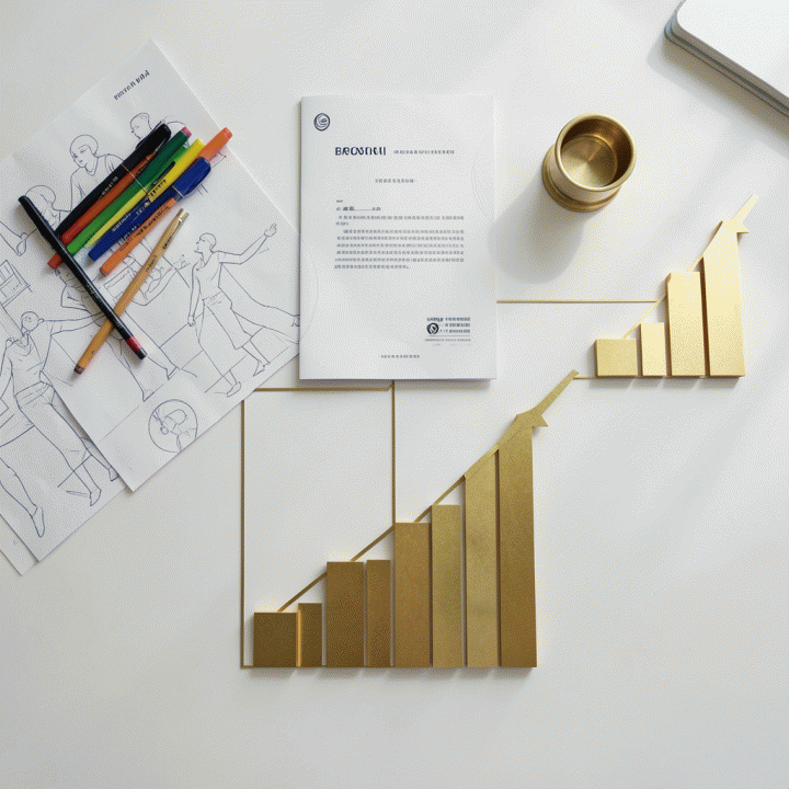 Tiga elemen terpisah namun terhubung secara visual di atas meja datar: alat seni dan sketsa (karya kreatif), dokumen profesional, dan grafik pertumbuhan finansial (investasi).