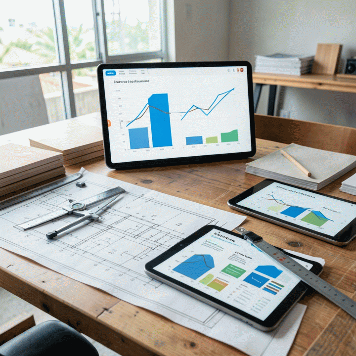 Meja kerja manajemen proyek konstruksi yang tertata rapi, menampilkan blueprint, tablet digital dengan grafik progres abstrak, dan alat ukur, melambangkan perencanaan anggaran biaya proyek yang akurat.