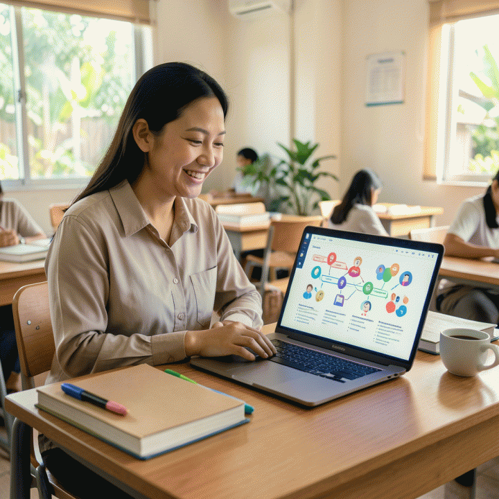 Seorang guru Indonesia yang sedang menggunakan laptop di kelas modern, menampilkan antarmuka AI yang merangkum materi pembelajaran seperti RPP dan modul ajar secara digital.