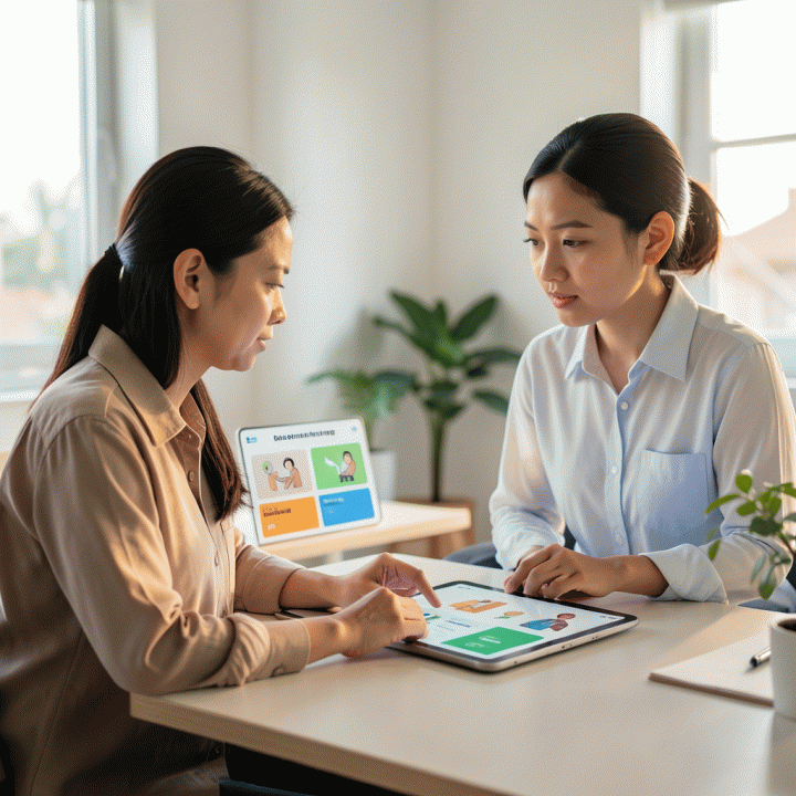 Guru sedang berinteraksi dengan layar tablet yang menampilkan visualisasi materi ajar berdiferensiasi menggunakan bantuan AI.