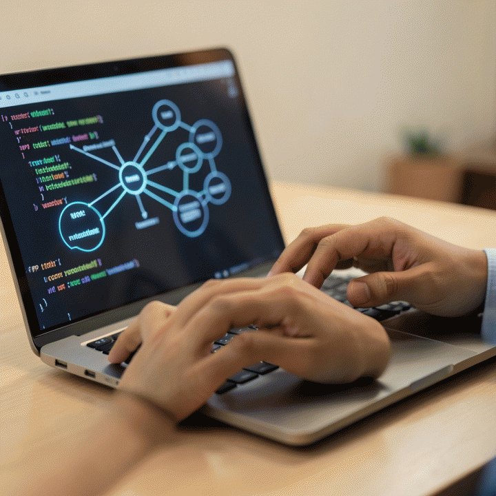 Tangan seorang guru sedang bekerja di laptop, menunjukkan proses pembuatan RPP dan modul ajar secara efisien menggunakan teknologi AI.