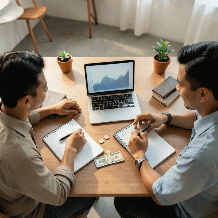 Seorang pasangan muda profesional Indonesia sedang merencanakan keuangan dan manajemen utang di meja kayu modern, menunjukkan konsep perencanaan finansial yang teratur dan terukur.