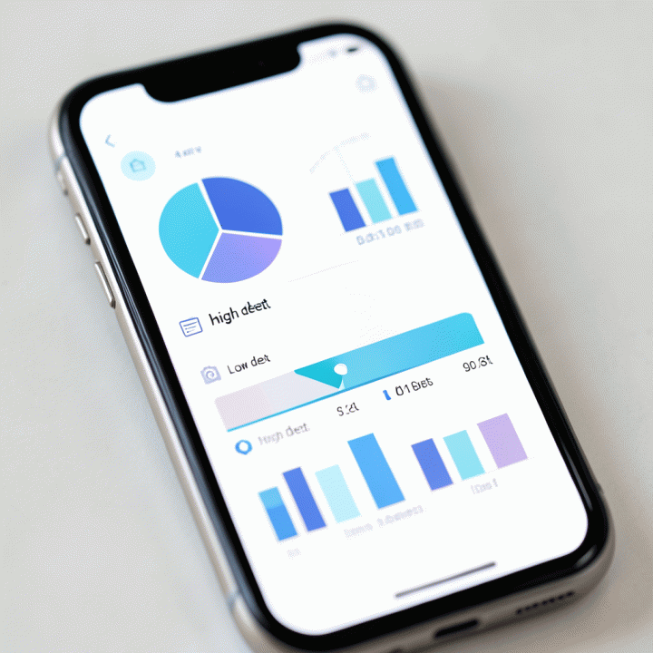 Tampilan dashboard keuangan digital pada smartphone yang menunjukkan progres pelunasan utang melalui grafik visual dan terukur.