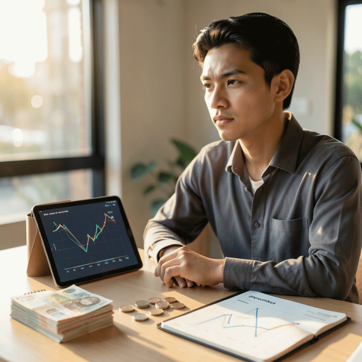 Gambar cover yang menampilkan seorang pekerja muda Indonesia yang tenang dan terarah di meja kerja minimalis, dikelilingi oleh elemen visual finansial seperti grafik penurunan utang di tablet, melambangkan pengelolaan keuangan Paylater yang bijak.