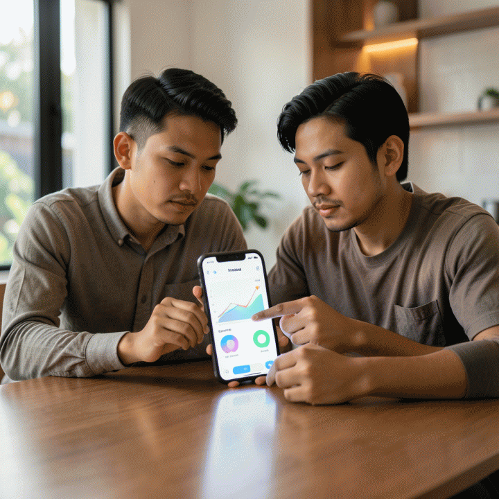Pasangan muda Indonesia yang sedang melihat dashboard keuangan di smartphone secara bersama-sama, melambangkan pengambilan keputusan finansial yang terencana dan bijak tentang paylater.