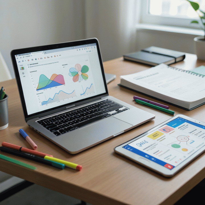 Meja kerja guru yang modern dan terorganisir, menampilkan laptop dan tablet dengan aplikasi pembelajaran digital, melambangkan efisiensi penyusunan materi ajar.