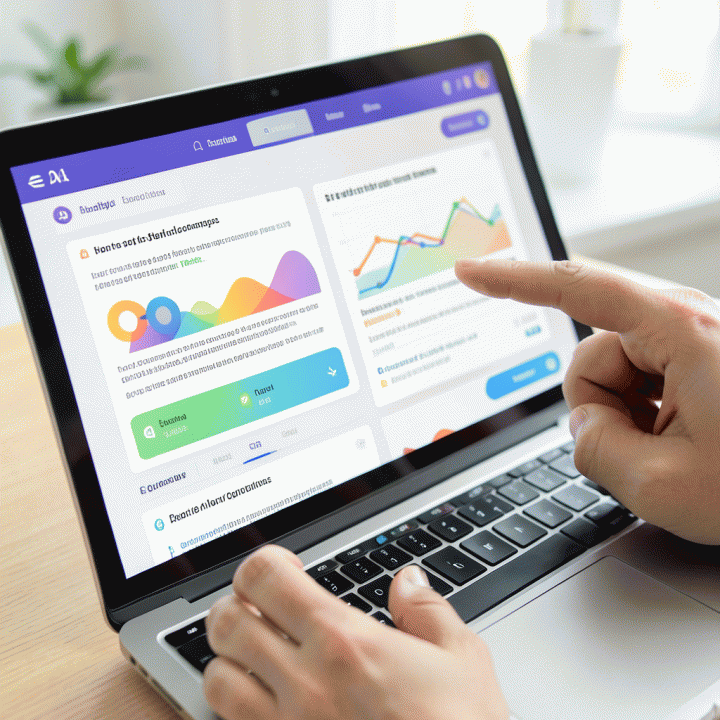Tampilan layar laptop yang menunjukkan platform kuis edukasi interaktif dengan desain visual cerah dan menarik, menekankan kemudahan penggunaan bagi guru.