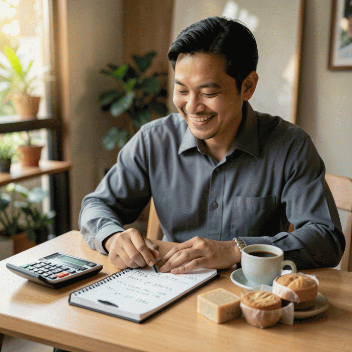 Seorang pemilik UMKM Indonesia yang percaya diri menghitung perhitungan biaya dan harga jual di atas meja kerja modern, menunjukkan konsep penetapan HPP dan profit optimal.