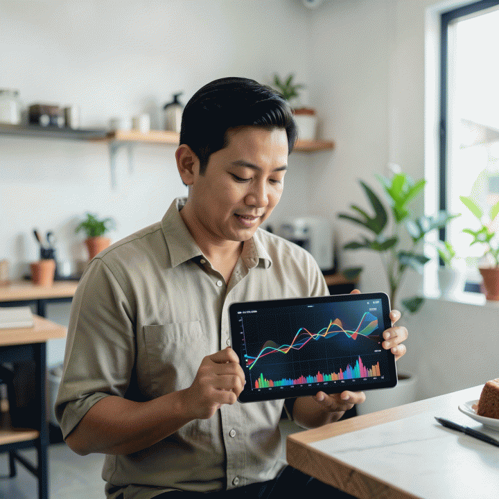 Pemilik bisnis UMKM Indonesia yang percaya diri melihat data keuangan di tablet, melambangkan perhitungan HPP dan penentuan harga jual optimal.