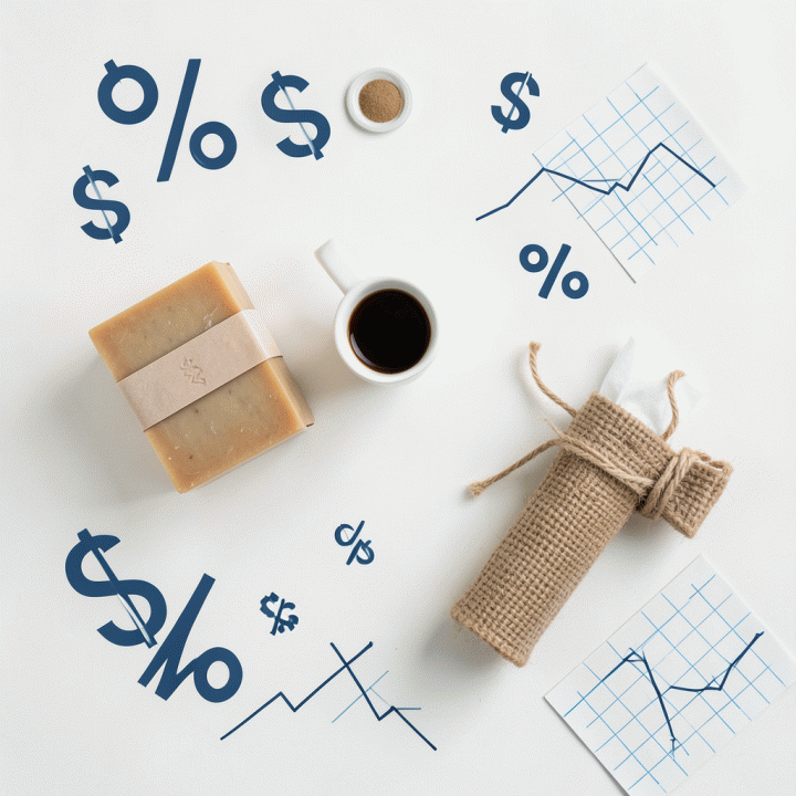Tampilan datar (flat lay) berbagai produk UMKM yang dikelilingi oleh elemen perhitungan keuangan, menunjukkan penentuan profit margin.