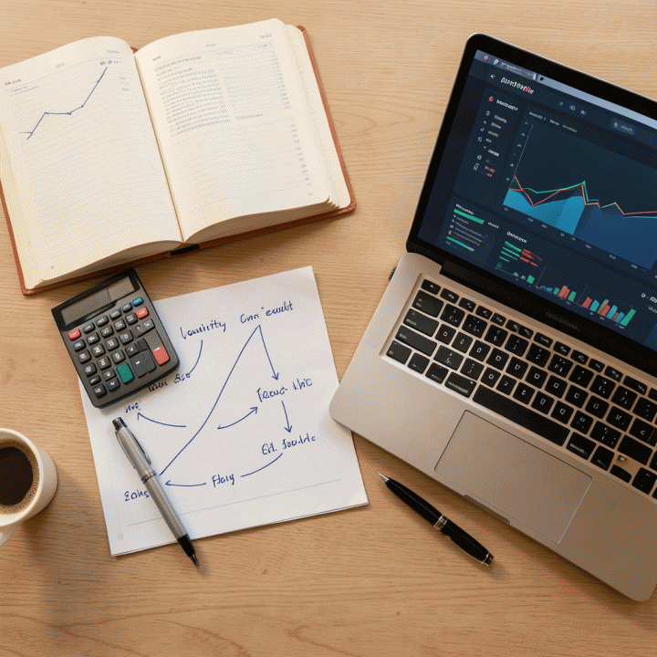 Tampilan atas alat dan materi yang digunakan untuk analisis rasio keuangan, termasuk buku besar, grafik, dan laptop dengan visualisasi data abstrak.