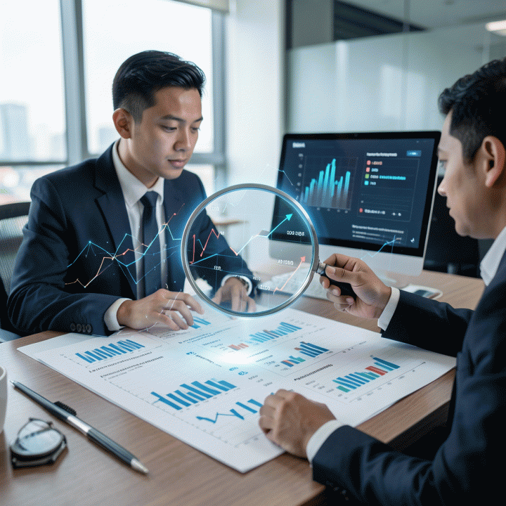 Seorang analis bisnis profesional sedang menganalisis laporan keuangan dan rasio penting di atas meja kerja modern dengan bantuan visualisasi data yang abstrak.