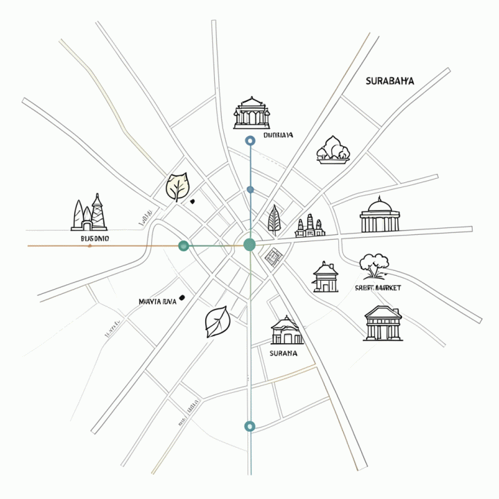 Infografik peta rute perjalanan yang efisien dan terorganisir di Surabaya dengan ikon-ikon tempat wisata.