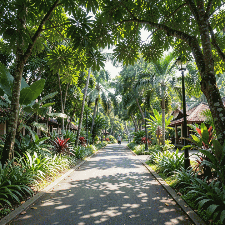 Pemandangan taman kota yang hijau, tenang, dan asri di Surabaya, dengan cahaya matahari menyaring melalui dedaunan tropis.