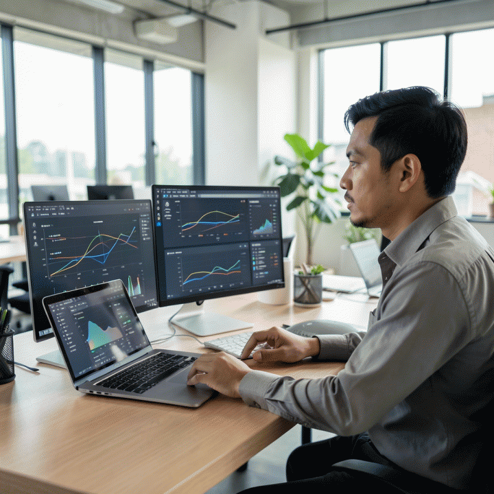 Seorang freelancer profesional di co-working space sedang meninjau dasbor digital terpadu yang menampilkan data keuangan dan operasional bisnis yang terintegrasi, melambangkan manajemen bisnis yang terorganisir.