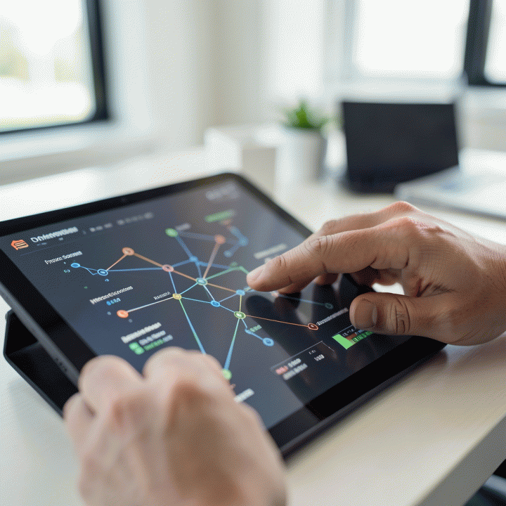 Tangan profesional yang sedang berinteraksi dengan tablet yang menampilkan visualisasi data keuangan dan operasional bisnis yang terintegrasi.