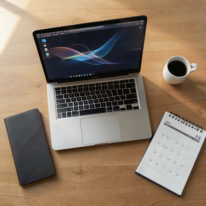 Penataan meja kerja yang rapi dan minimalis untuk freelancer, dengan laptop menampilkan dasbor konseptual yang terintegrasi.