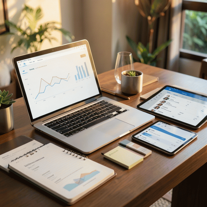 Meja perencanaan pernikahan yang tertata rapi dan modern, menampilkan visualisasi data tamu dan anggaran yang terorganisir di laptop dan tablet, melambangkan manajemen acara yang efisien.