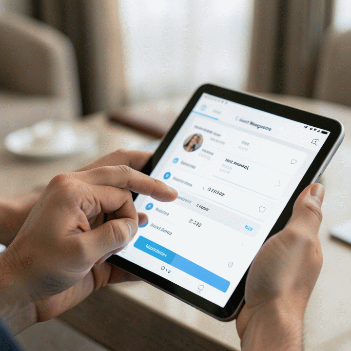 Tangan sedang memeriksa dan mengelola daftar RSVP tamu di tablet digital, menunjukkan proses manajemen tamu yang mudah dan terorganisir.