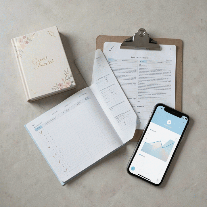 Tampilan datar (flat lay) dari peralatan perencanaan pernikahan yang terorganisir, termasuk buku tamu, planner, dan alat pelacak anggaran, melambangkan perencanaan acara yang menyeluruh.