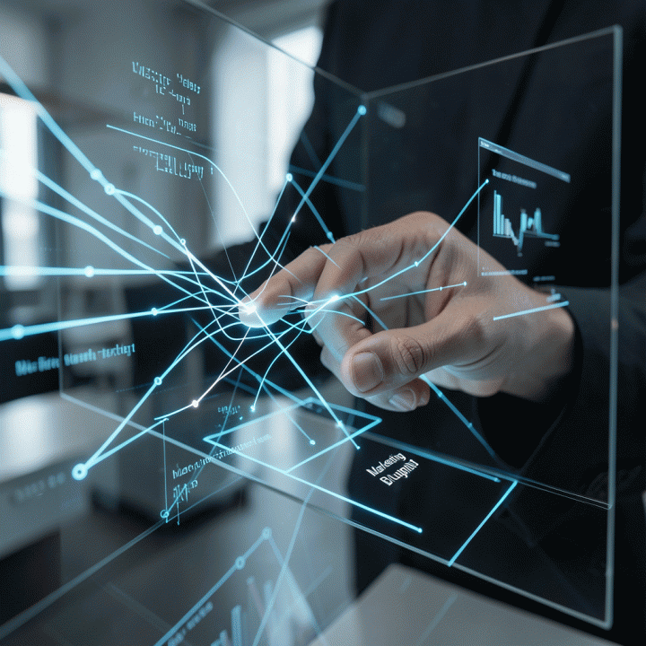 Visual metafora tangan founder yang mengatur aliran data mentah menjadi cetak biru pemasaran yang terstruktur menggunakan teknologi AI.