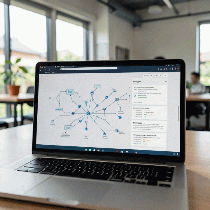 Tampilan layar laptop yang menunjukkan antarmuka pengguna abstrak dan kompleks dari alat AI untuk perencanaan bisnis, fokus pada visualisasi data dan alur kerja.