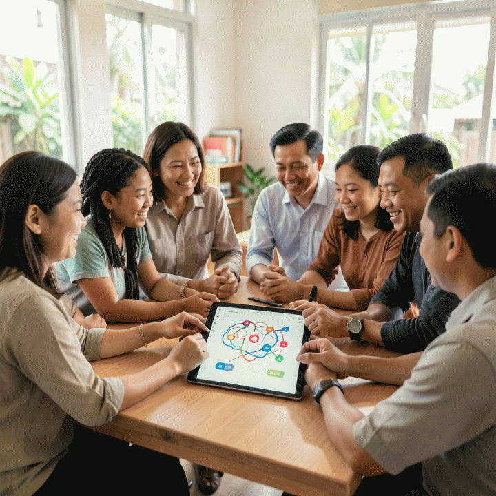 Orang tua dan guru Indonesia berkumpul di kelas modern, berkolaborasi menggunakan tablet AI untuk menyusun materi ajar anak yang menarik dan efisien.
