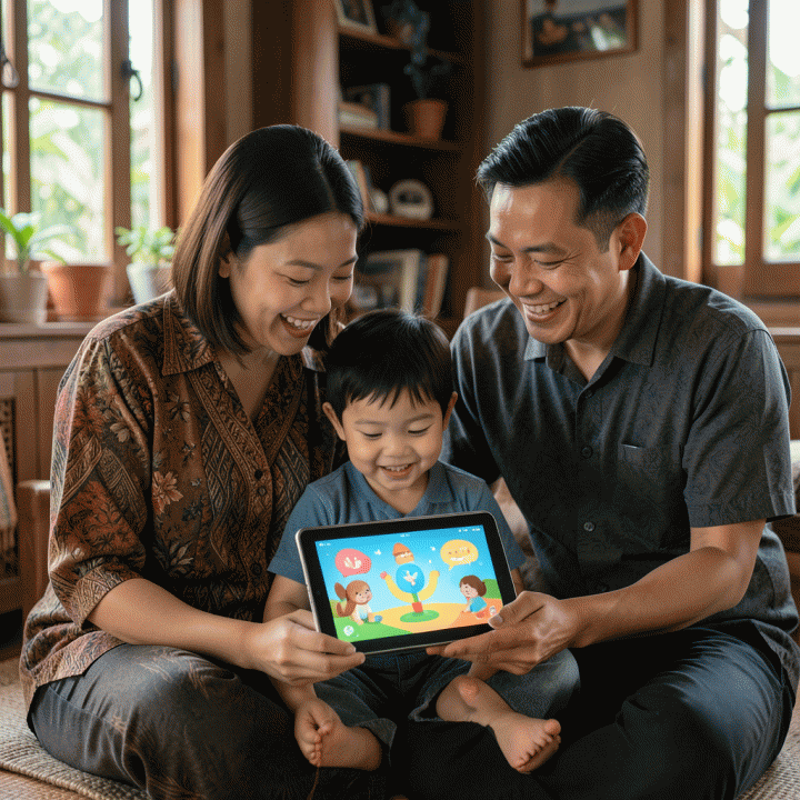 Orang tua dan anak belajar bersama menggunakan tablet AI di rumah dengan suasana yang ceria dan hangat.