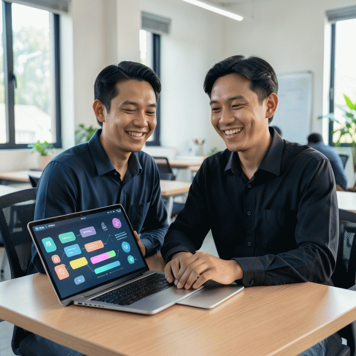 Seorang guru Indonesia yang efisien menggunakan alat AI di laptop untuk membuat materi ajar, menunjukkan kemudahan dan kecepatan proses.