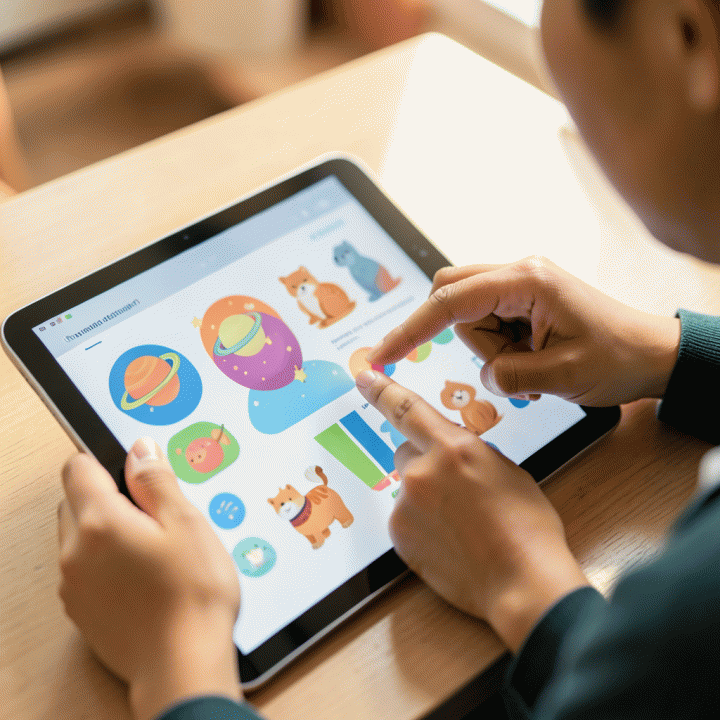 Tangan orang tua dan guru bekerja sama menunjuk materi belajar digital yang menarik dan berkualitas di layar tablet.