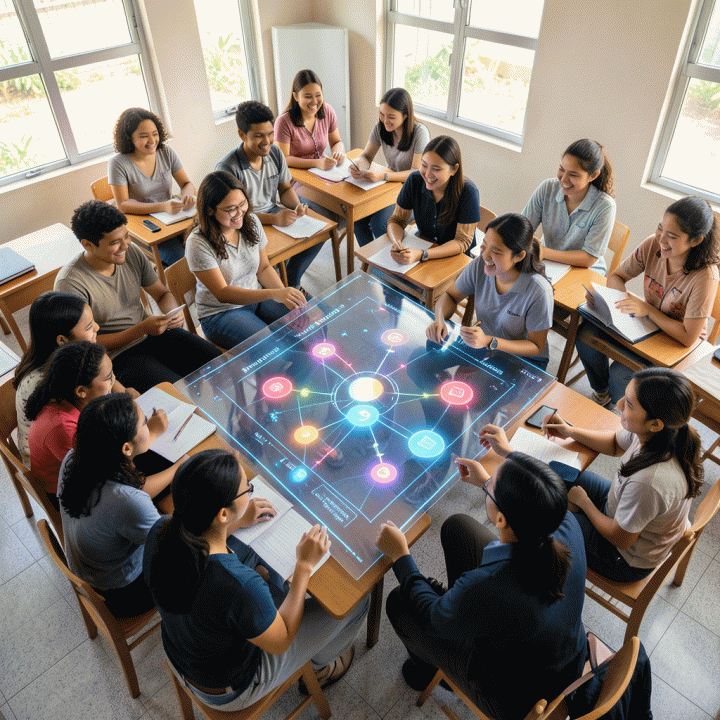 Guru memandu siswa dalam sesi workshop interaktif menggunakan teknologi digital modern, melambangkan kemudahan membuat materi pembelajaran dengan bantuan AI.