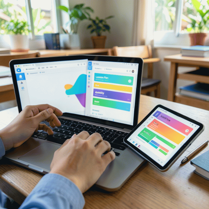 Tangan guru yang sedang menggunakan laptop dan tablet untuk merancang materi pembelajaran interaktif dengan cepat, menunjukkan antarmuka pengguna yang abstrak.