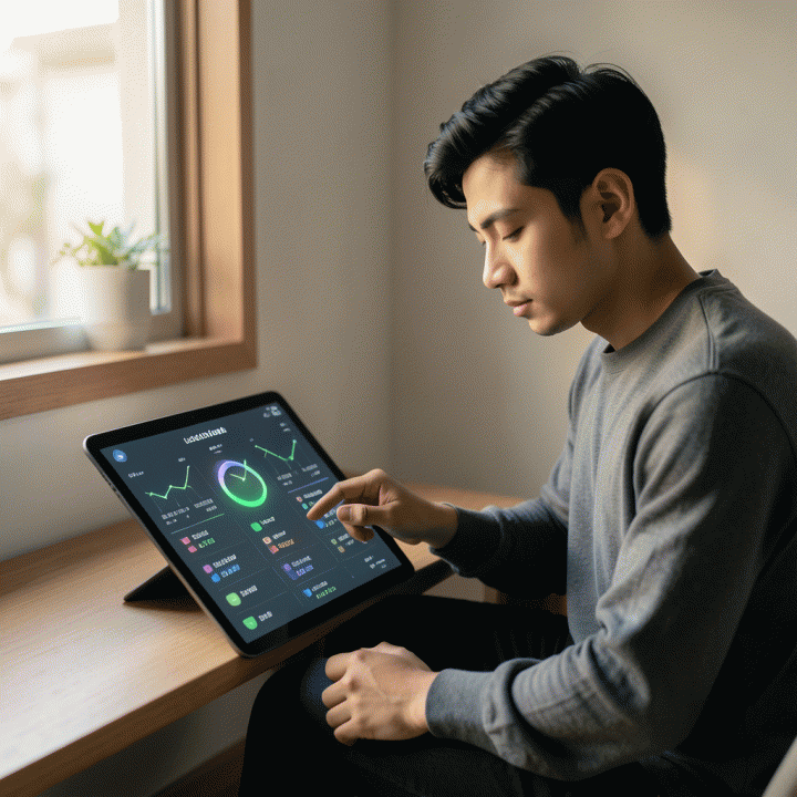 Seorang milenial Muslim muda Indonesia yang sedang melacak konsistensi ibadah harian menggunakan antarmuka digital habit tracker yang modern dan minimalis.
