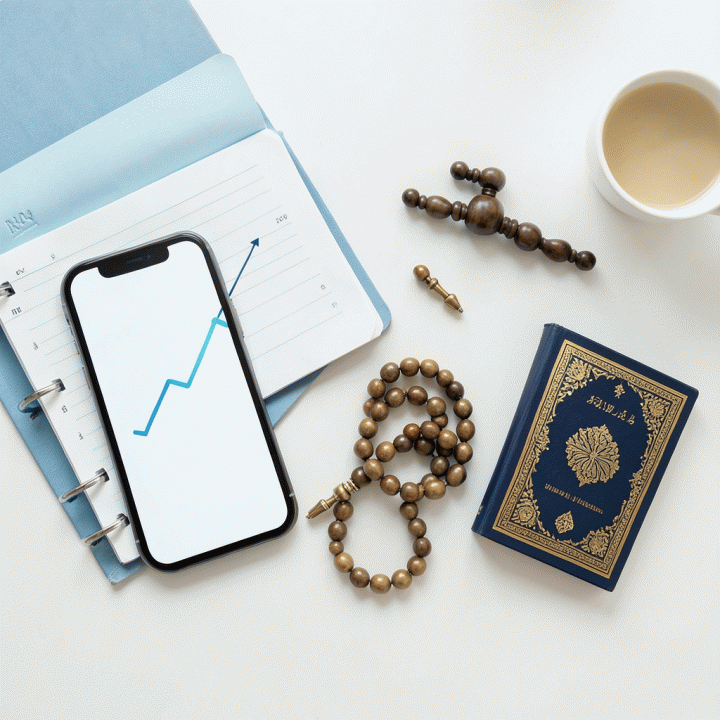 Komposisi flat lay yang menunjukkan alat produktivitas modern (smartphone, planner) bersama dengan elemen spiritual (tasbih, Al-Quran) untuk mendukung konsistensi ibadah.