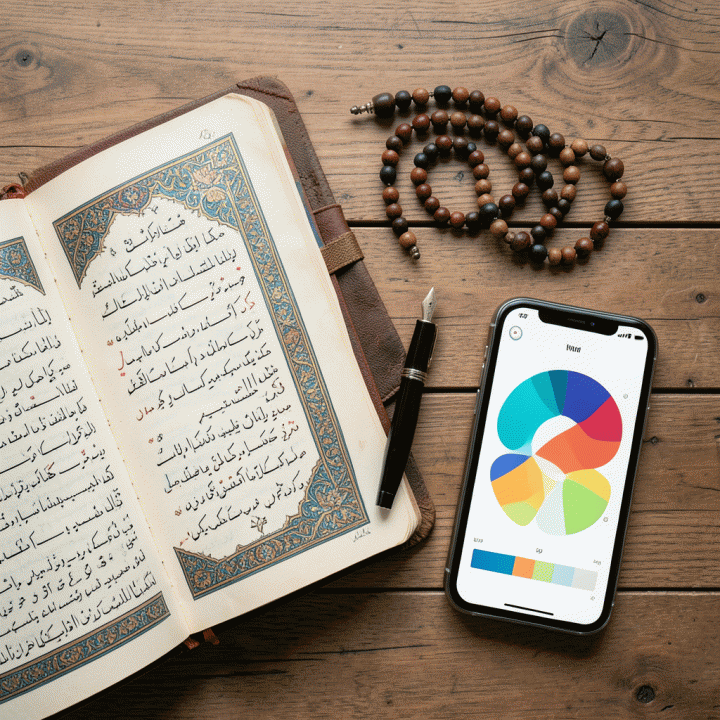 Komposisi alat bantu pelacak kebiasaan spiritual yang menggabungkan jurnal fisik dan teknologi digital.