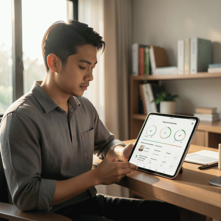 Seorang milenial Muslim Indonesia yang fokus meninjau aplikasi pelacak kebiasaan ibadah di tablet di ruang kerja yang tenang, melambangkan perencanaan ibadah harian yang konsisten.