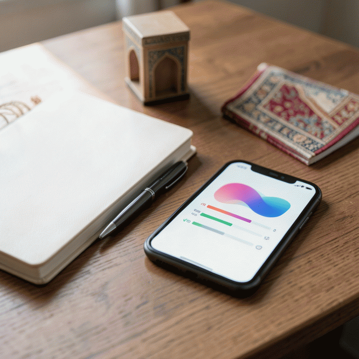 Meja kerja yang rapi berisi planner, alat tulis, dan smartphone dengan antarmuka pelacak kebiasaan yang abstrak, menunjukkan perencanaan ibadah yang terstruktur.