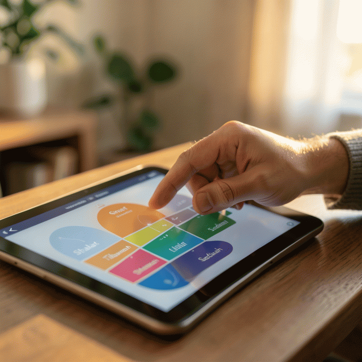 Tangan seseorang yang sedang mencatat atau melacak progres ibadah harian pada antarmuka digital yang abstrak, menunjukkan konsistensi spiritual.