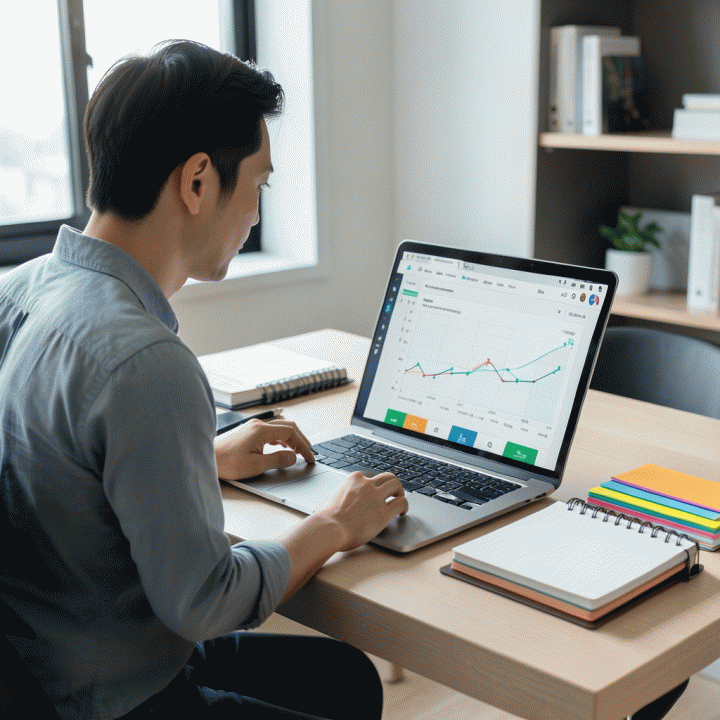 Seorang profesional muda yang fokus di meja kerja modern, meninjau dashboard digital yang terorganisir untuk melacak dan mengarsipkan riwayat lamaran kerja mereka.